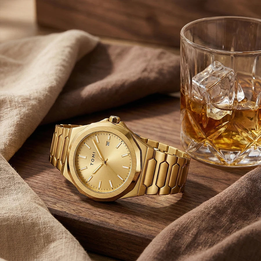 Relógio masculino Oréus Gold com pulseira de aço dourada, estilo sofisticado