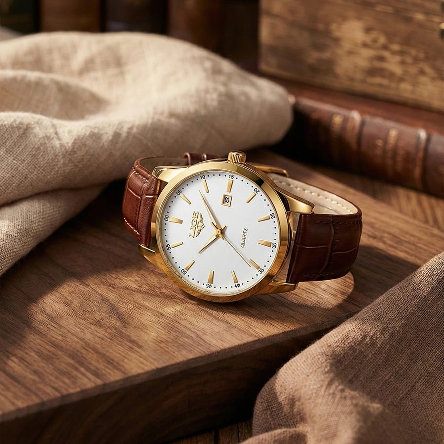 Relógio masculino Dourado com pulseira de couro Célico, design elegante