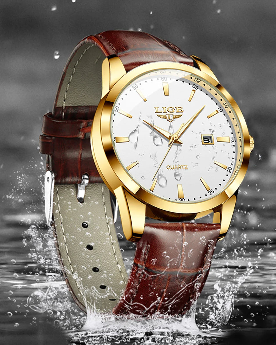 Relógio Masculino de Couro Dourado e branco Resistente a Água