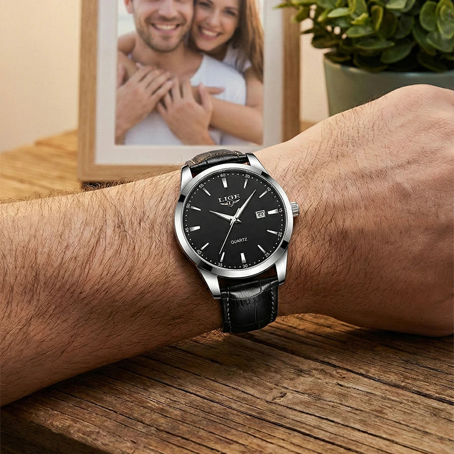 Relógio masculino executivo com pulseira de couro preta e caixa prata