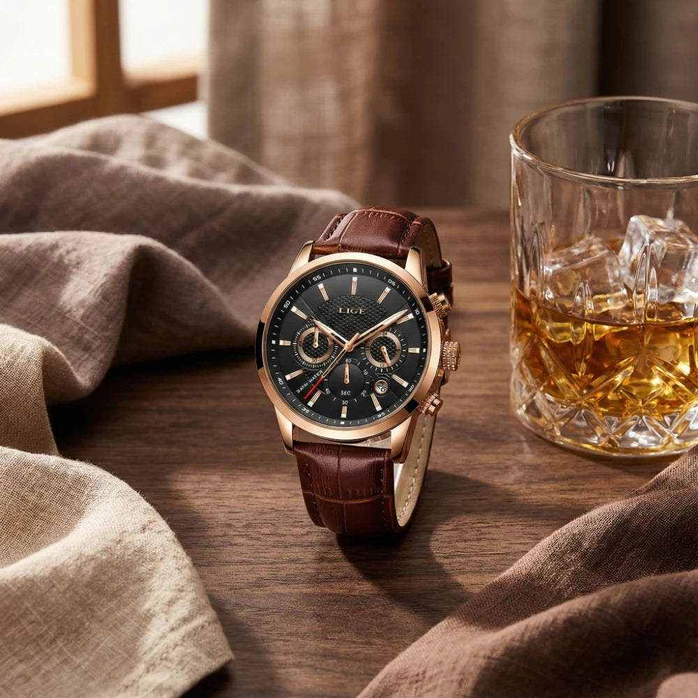 Relógio Masculino de Couro Ferren Gold Black