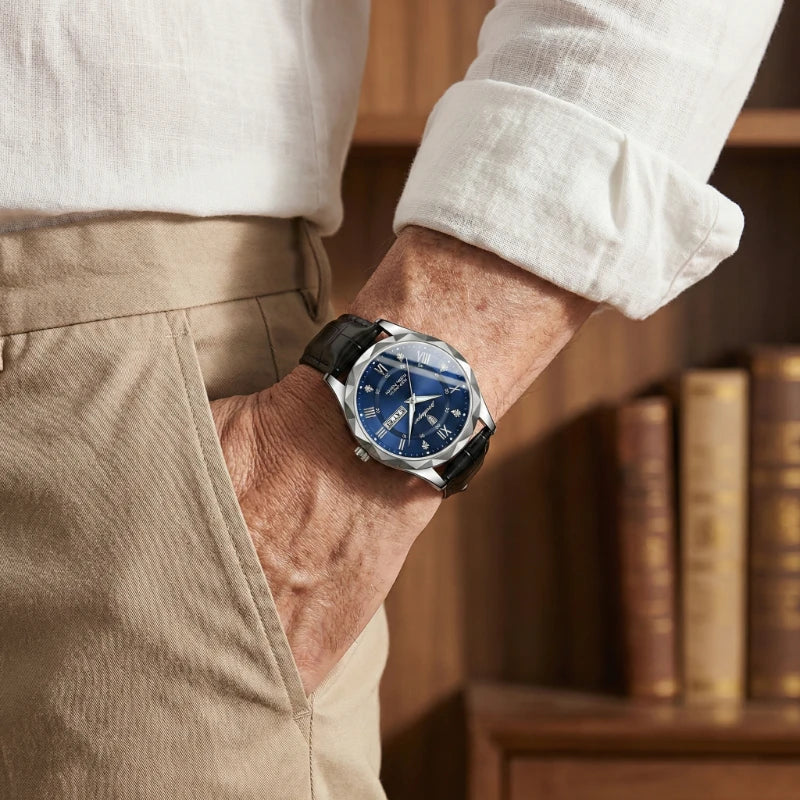 Relógio Masculino de Couro Luminous Blue Steel 41mm