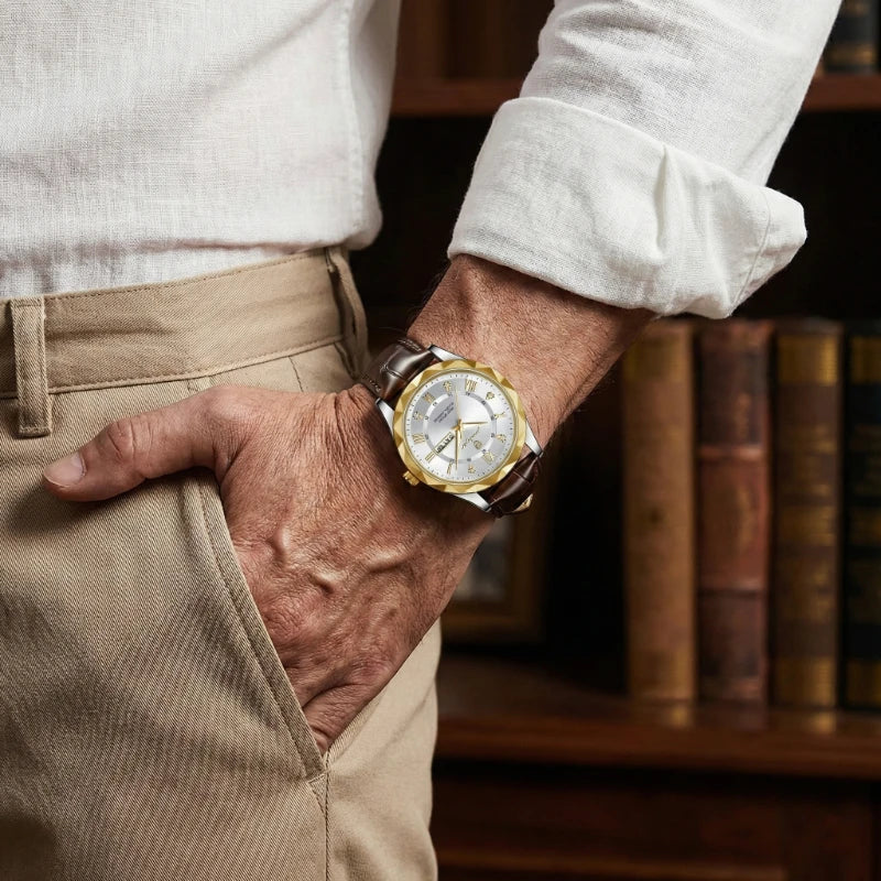 Relógio Masculino de Couro Luminous Gold White 41mm