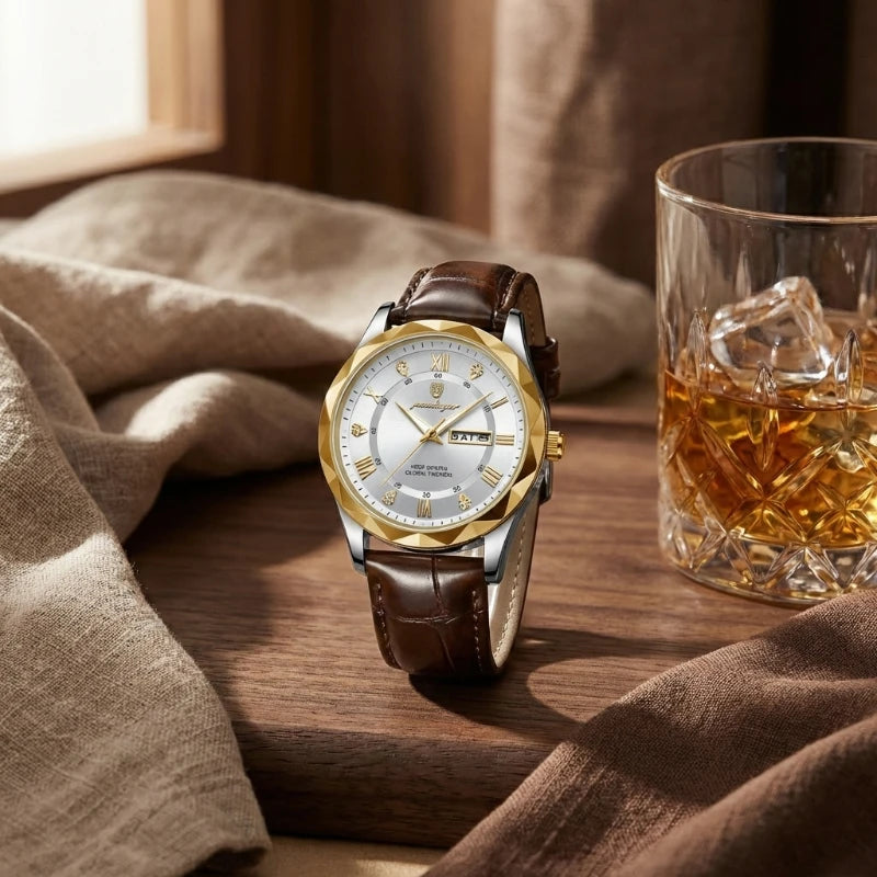 Relógio Masculino de Couro Luminous Gold White 41mm