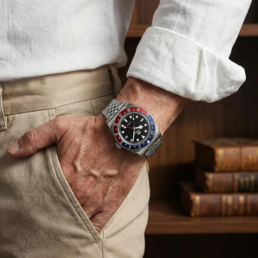 Relógio masculino Temporel Blue Steel elegante com pulseira de aço inox e mostrador azul e vermelho no pulso